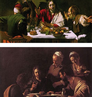 In alto, <em>Cena in Emmaus</em>, 1600-01 ca., National <br>Gallery, Londra. Sopra, <em>Cena in Emmaus</em>, 1606 ca., <br>Pinacoteca di Brera, Milano.