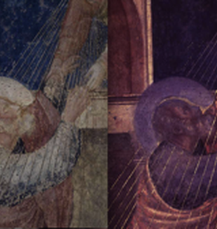 <em> Assunzione di Giovanni</em> (Giotto, Cappella Peruzzi, <br>1320 circa, part.): a confronto il dettaglio visto con <br>i raggi ultravioletti.  