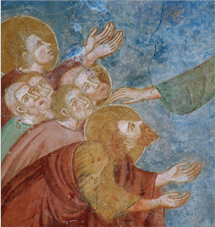Cristo e gli apostoli. Dettaglio degli affreschi con episodi della Vita di Cristo. Chiesa di Santa Margherita (Sec. XIII circa), Laggio di Cadore (Belluno, Italia)