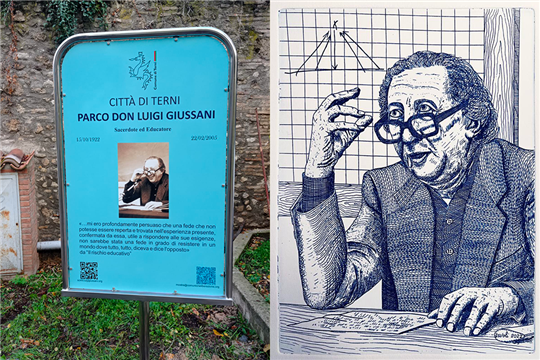 La targa all'ingresso del parco di Terni e, a destra, la calcografia di Massimo Zavoli
